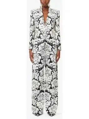 Women’s Black and White Floral-Print Single-Breasted Woven Blazer and Pant Suit